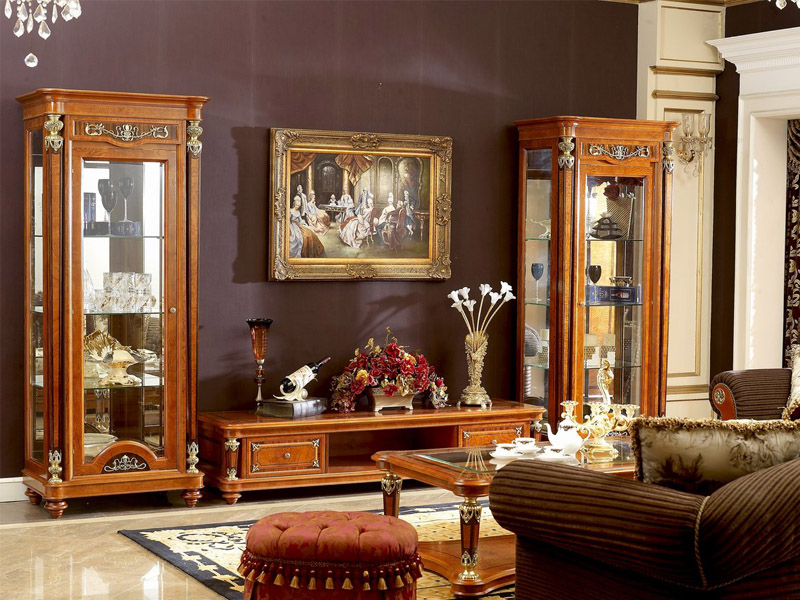 Traditional Living Room Furniture Beech Wood Tempered Glass Door